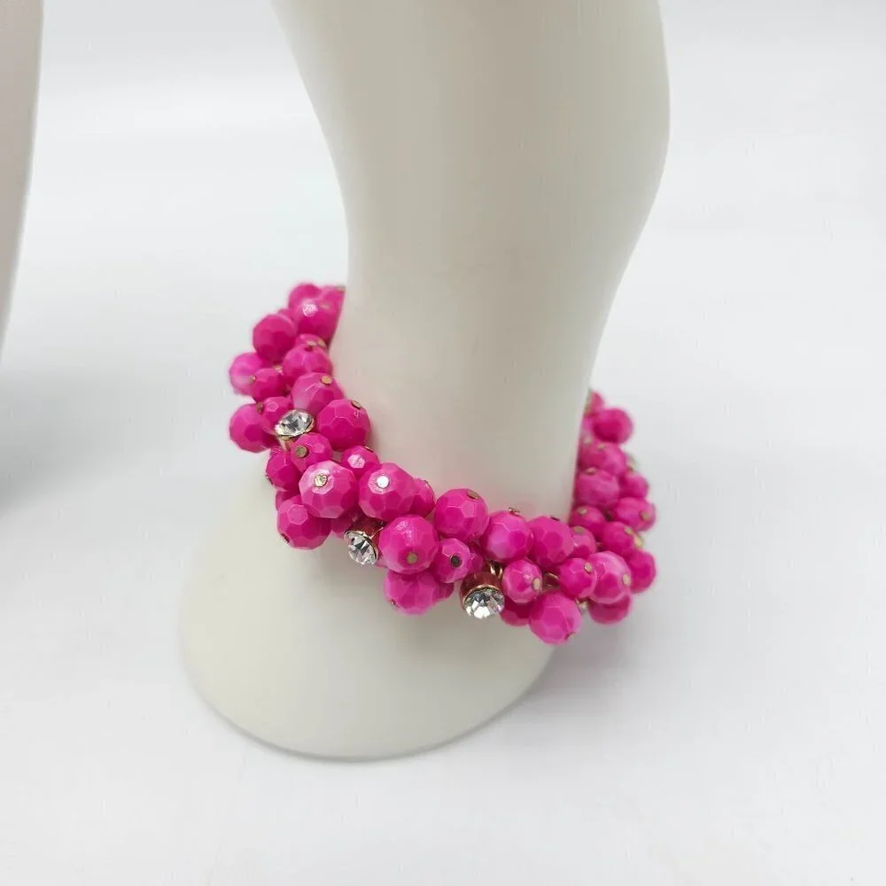 Pink Beaded Necklace Bracelet Jewelry Set Rhinestone Bead Accents Cha Cha